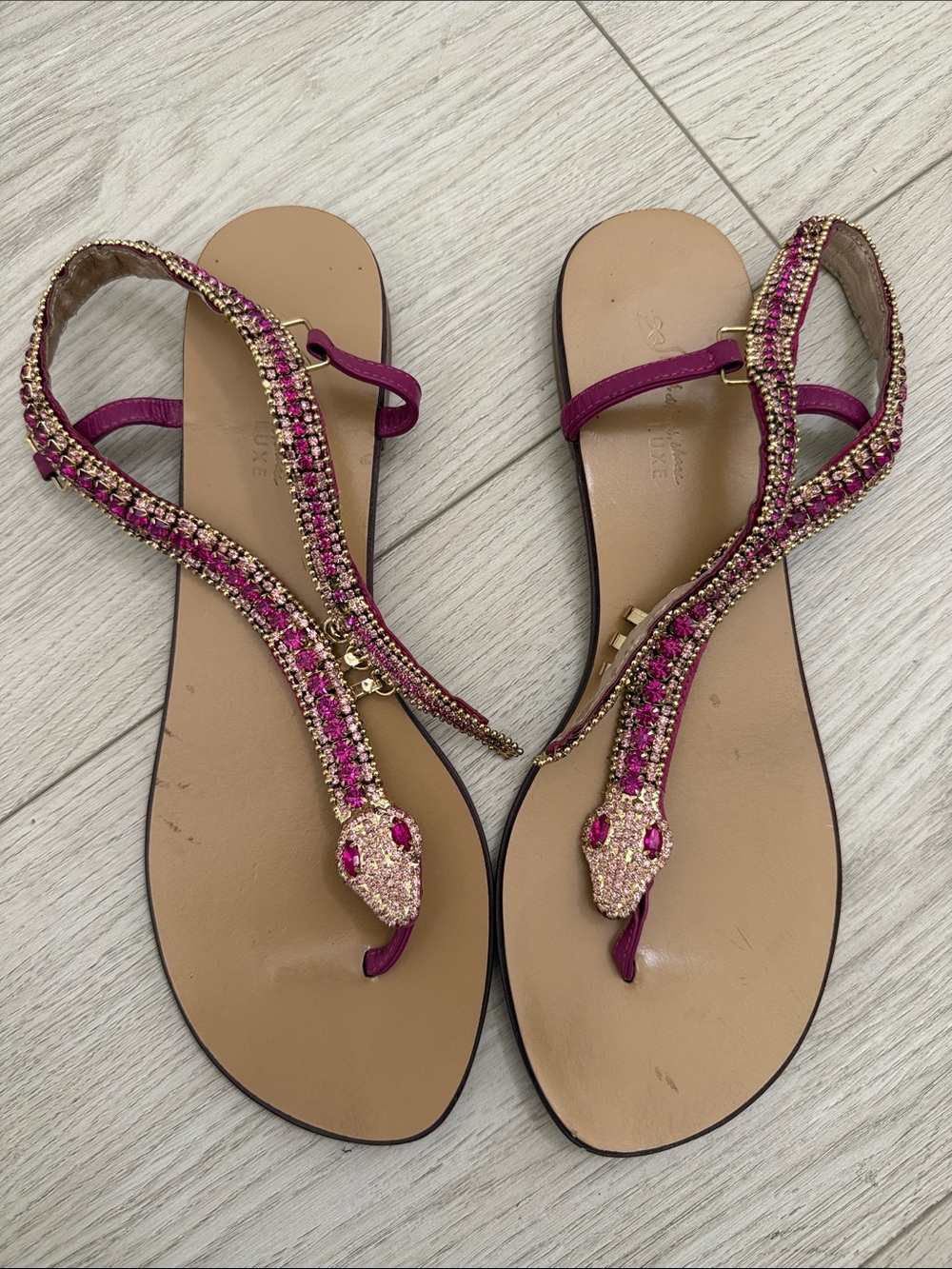 Embellished Pink Snake-Accent Leather  Women's Sandals 41